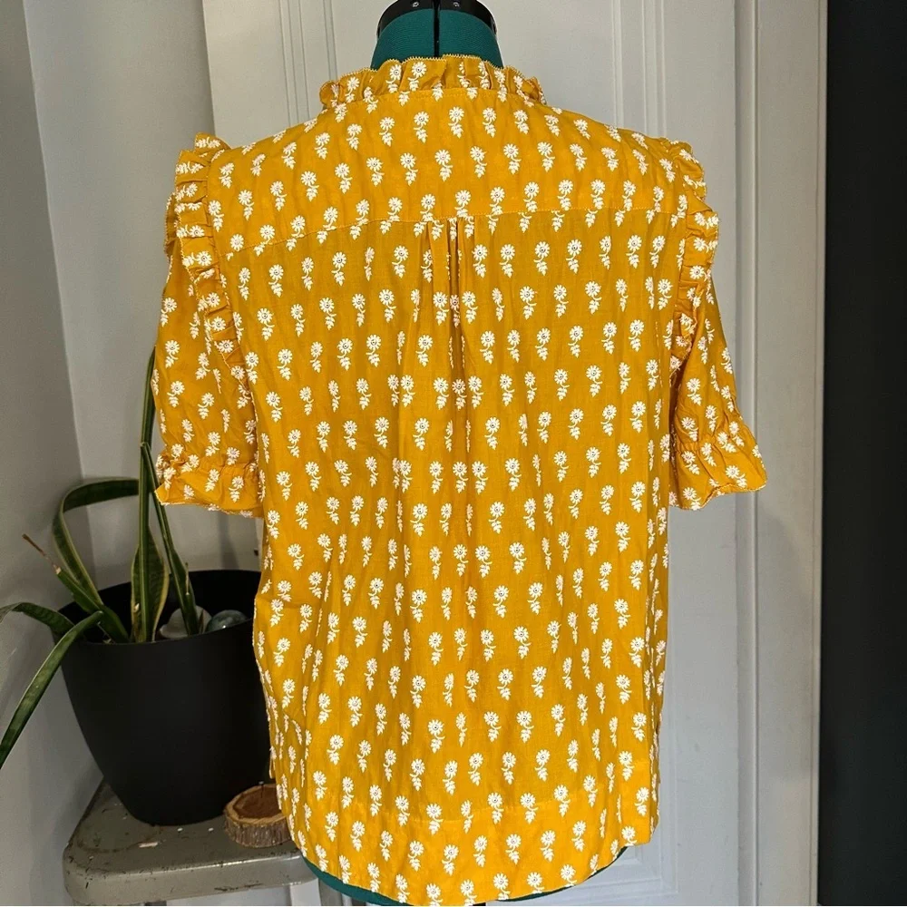 J. Crew Mustard Yellow Floral Tie-Neck Ruffle Sleeve Blouse - Picture 2 of 9